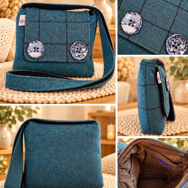 Harris tweed crossbody bag with handmade buttons