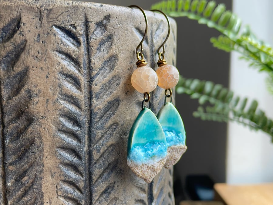 Beach Inspired Artisan Ceramic Earrings with Crackled Agate. Coastal Jewellery 