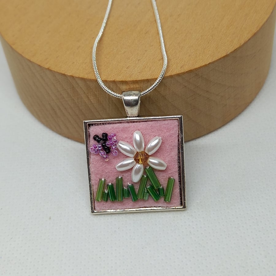 Daisy and Butterfly bead embroidered pendant