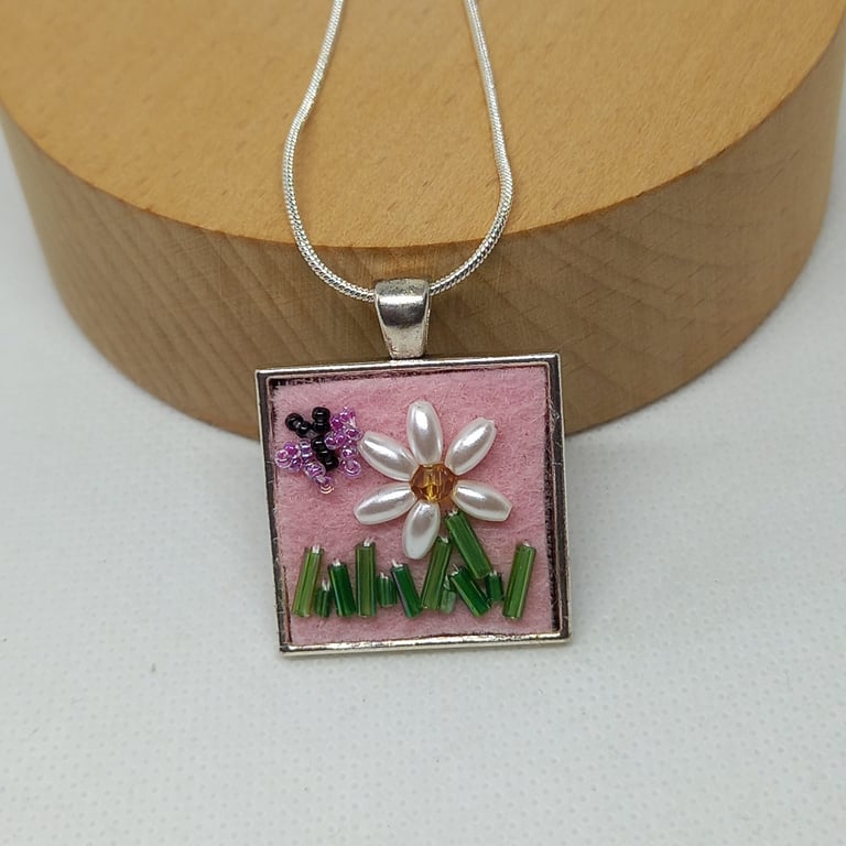 Daisy and Butterfly bead embroidered pendant