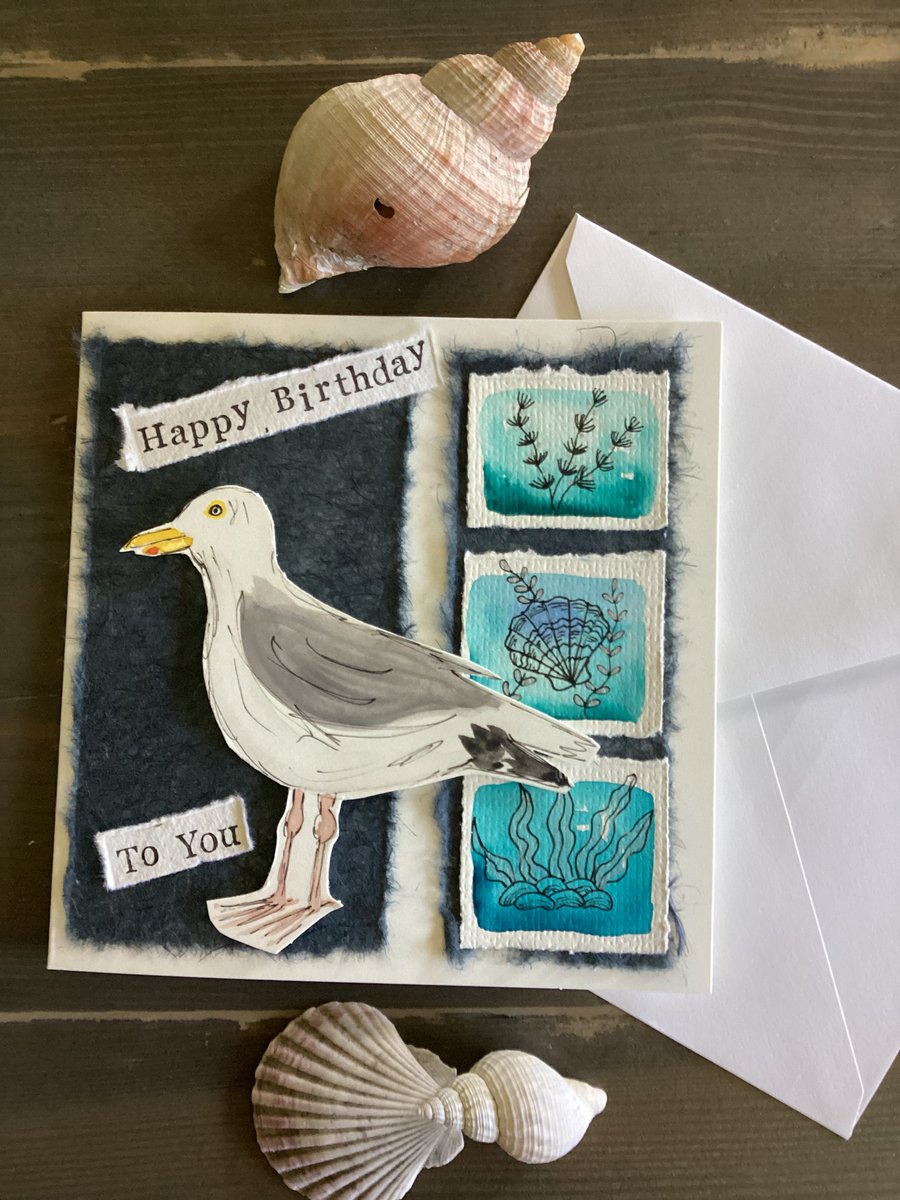 Hand painted Seagull birthday card, Seaside birthday card, coastal themed card