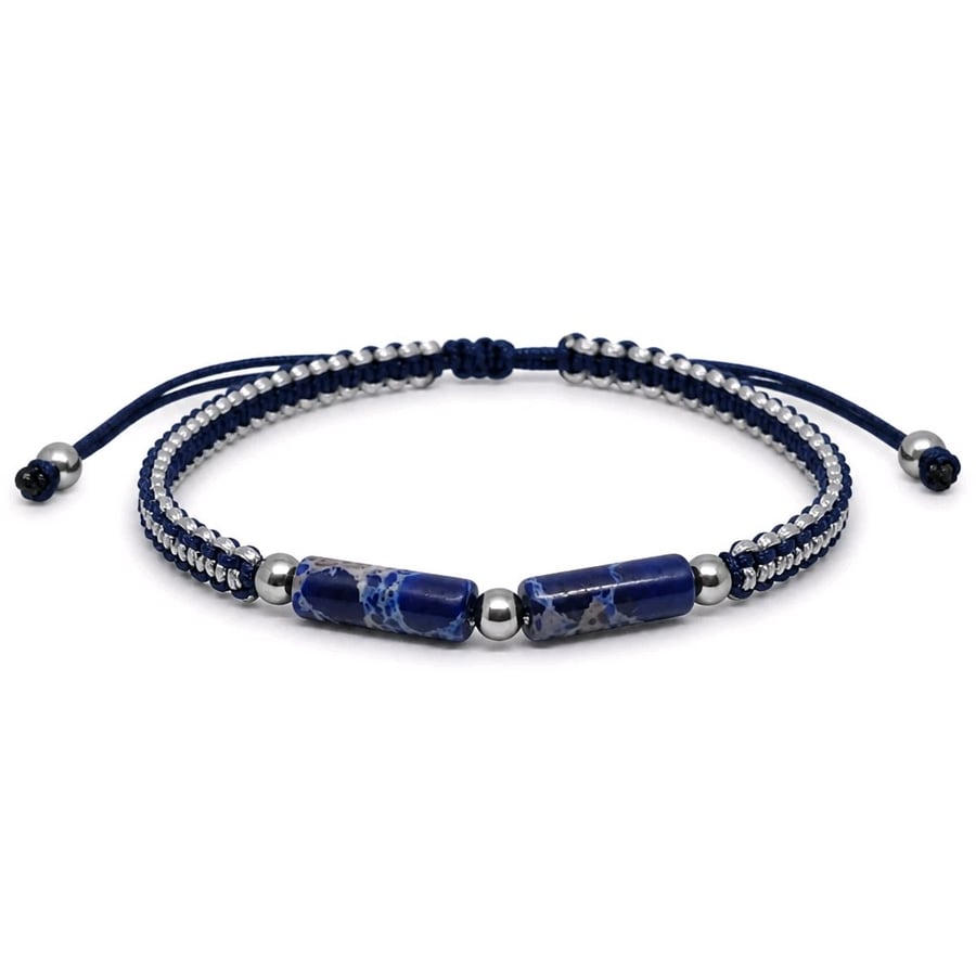 Unisex Reversible Lapis Lazuli Bracelet Navy Silver Cord Natural Stone Jewellery
