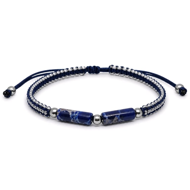 Unisex Reversible Lapis Lazuli Bracelet Navy Silver Cord Natural Stone Jewellery