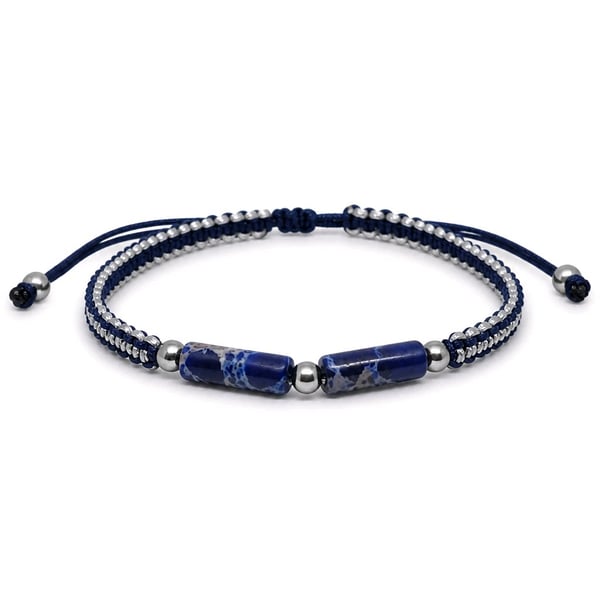 Unisex Reversible Lapis Lazuli Bracelet Navy Silver Cord Natural Stone Jewellery