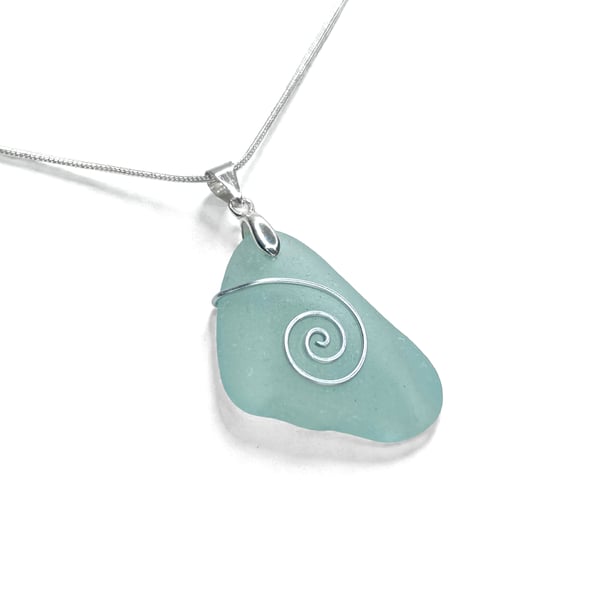 Sea Glass Pendant - Aqua Green Beach Glass - Handmade Celtic Necklace Jewellery