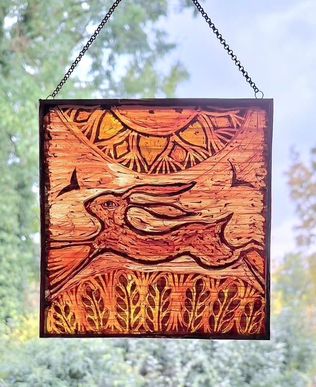 GLASS HARE WINDOW PANEL WALL HANGING. HAND PAINTED HARE. 6 x 6 inches.