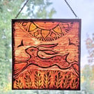 GLASS HARE WINDOW PANEL WALL HANGING. HAND PAINTED HARE. 6 x 6 inches.