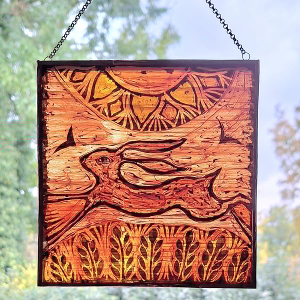 GLASS HARE WINDOW PANEL WALL HANGING. HAND PAINTED HARE. 6 x 6 inches.