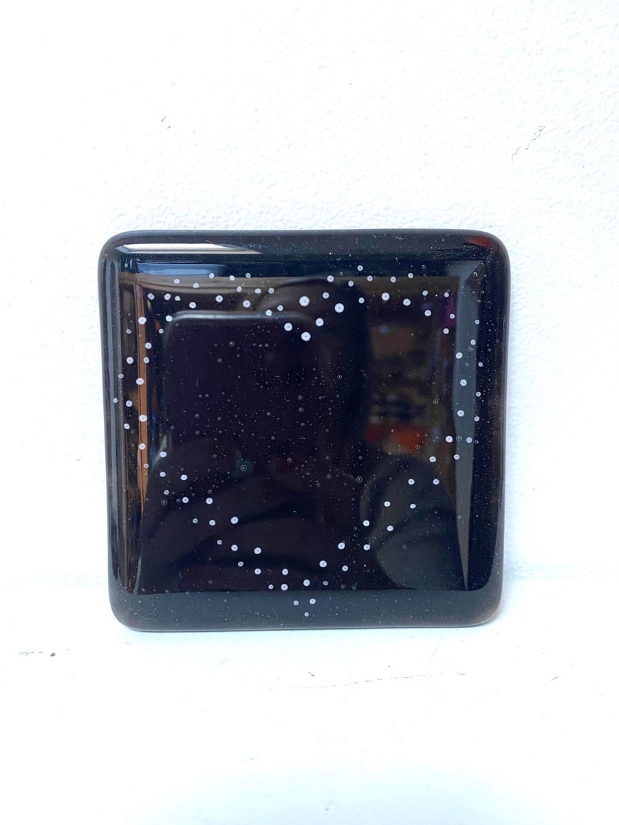 Fused Glass Black heart Coaster with white spots