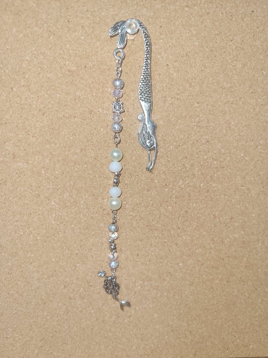 Beaded Metal Bookmark - White Diving Mermaid