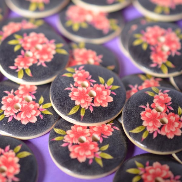 30mm Wooden Pink Floral Buttons Black Background 6pk Large Flower Button (RLG1)