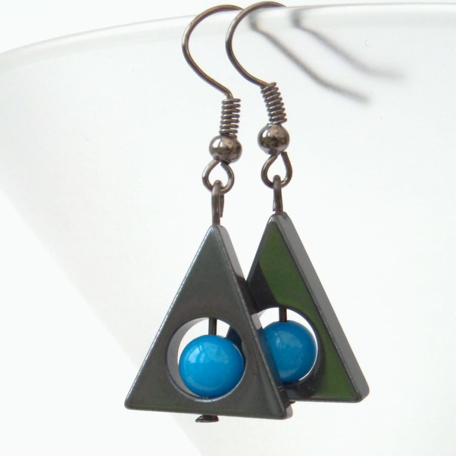 Triangle hematite earrings with blue mountain jade