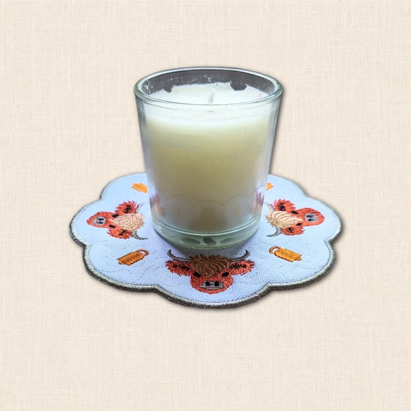 Highland Cow Candle Mat - Embroidered Fabric Home Decor
