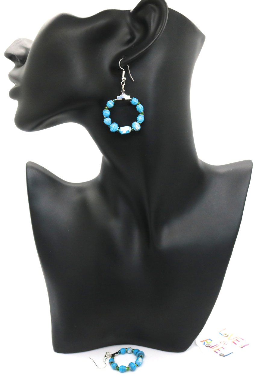Round hoop earrings with Small blue paper beads