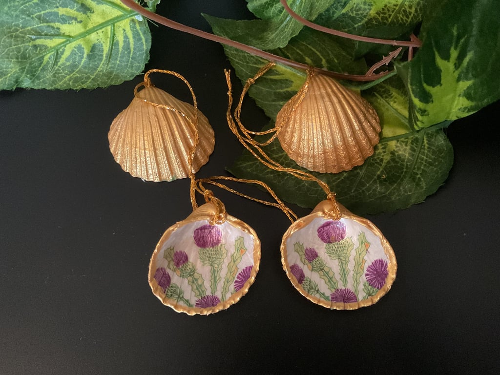 2 Hanging shell decorations. Scottish Thistle.