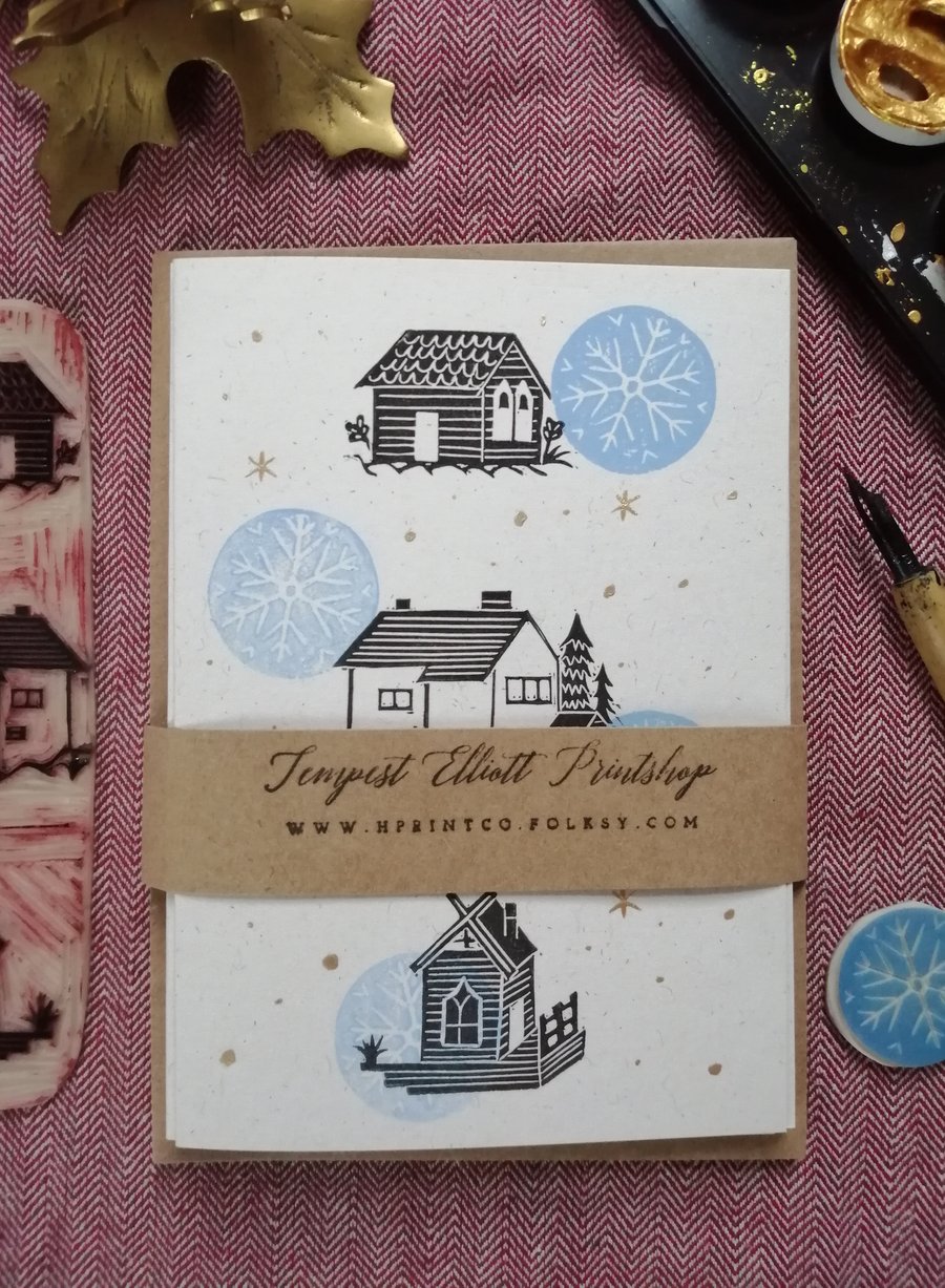 Scandinavian Christmas card lino print with silver detail