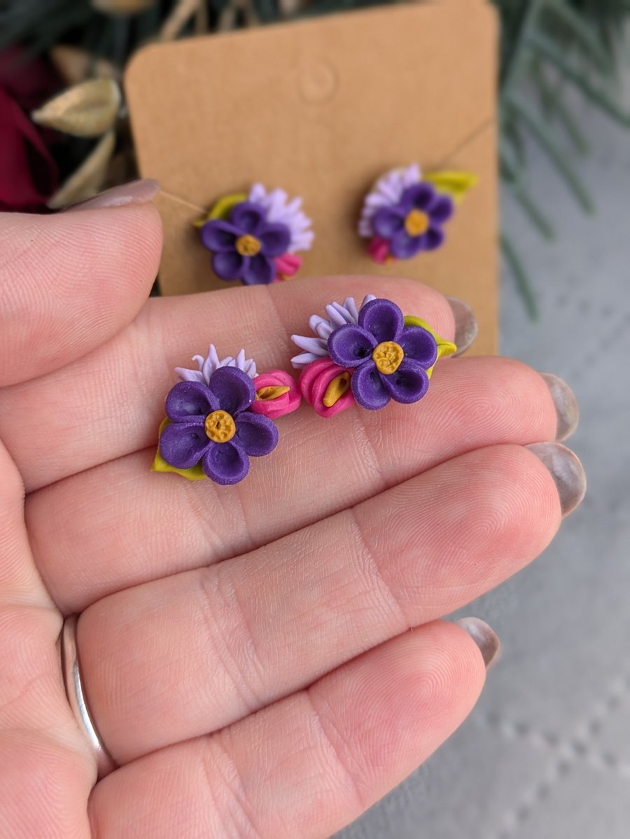 Dainty Flower Studs with Purple and Pink Flowers. Unique Handmade Polymer Clay