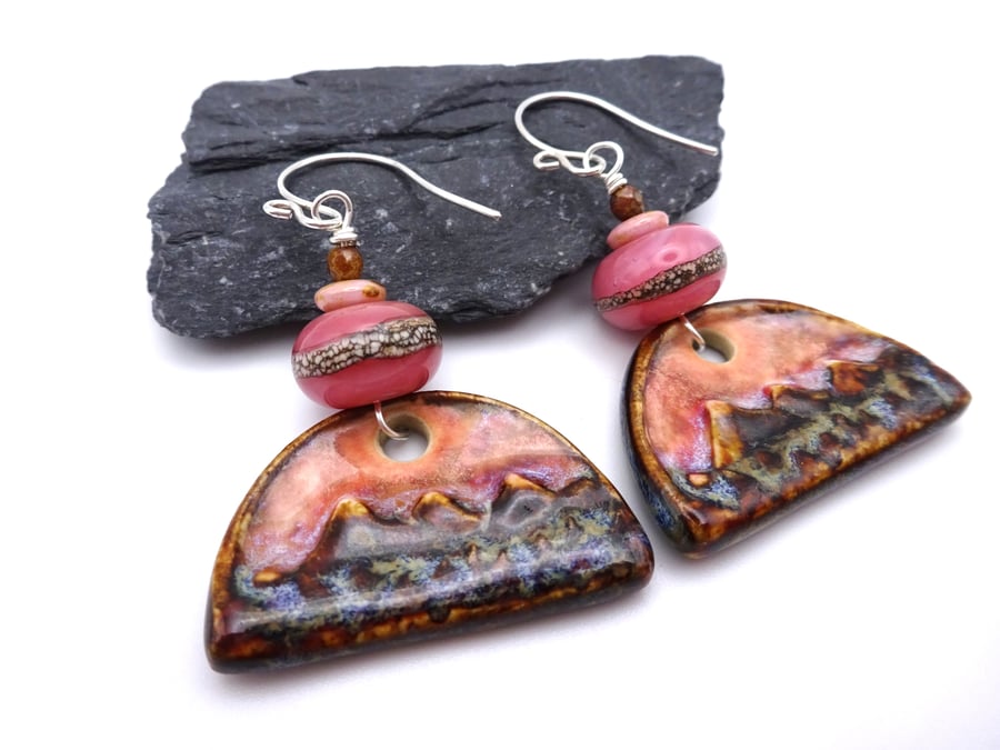 pink lampwork glass earrings, ceramic mountains