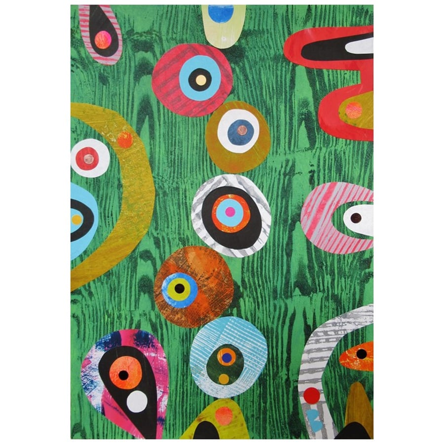 Green Abstract Painting Op Art Geometric Retro Style Original Collage Atomic 60s