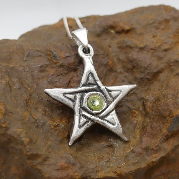 Recycled Fine Silver 999 Pentagram with Peridot Gemstone Pendant Necklace.
