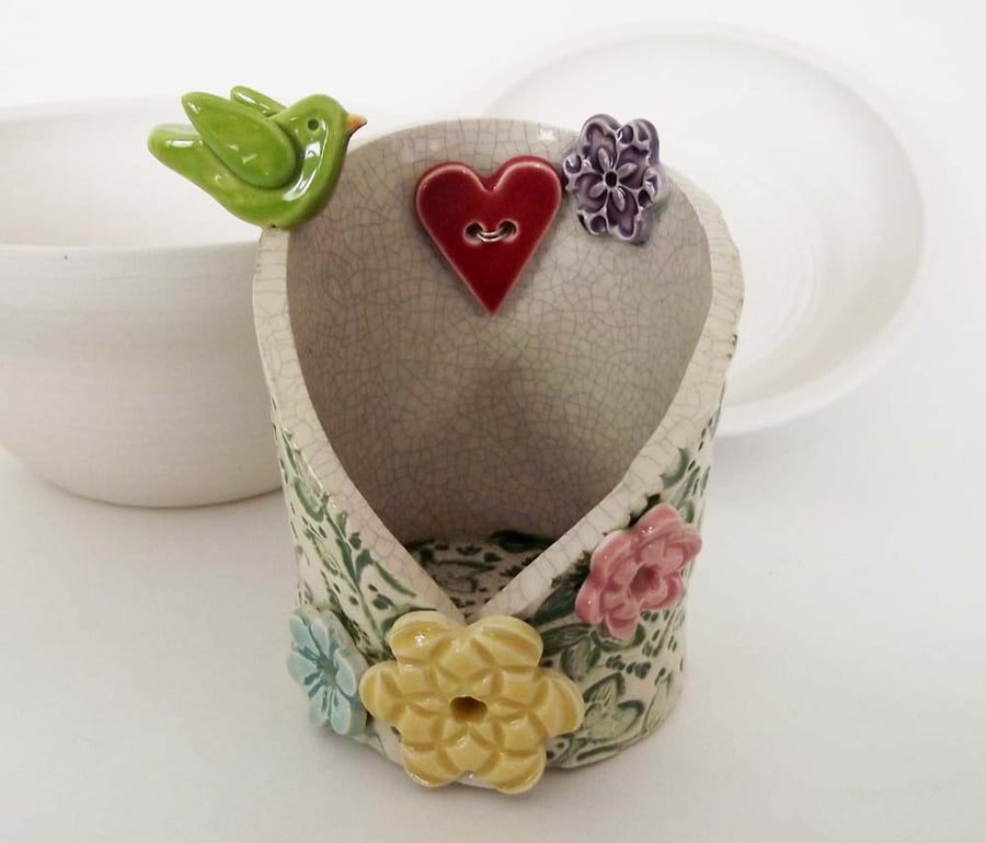 Spring flowers and bird ceramic candle holder