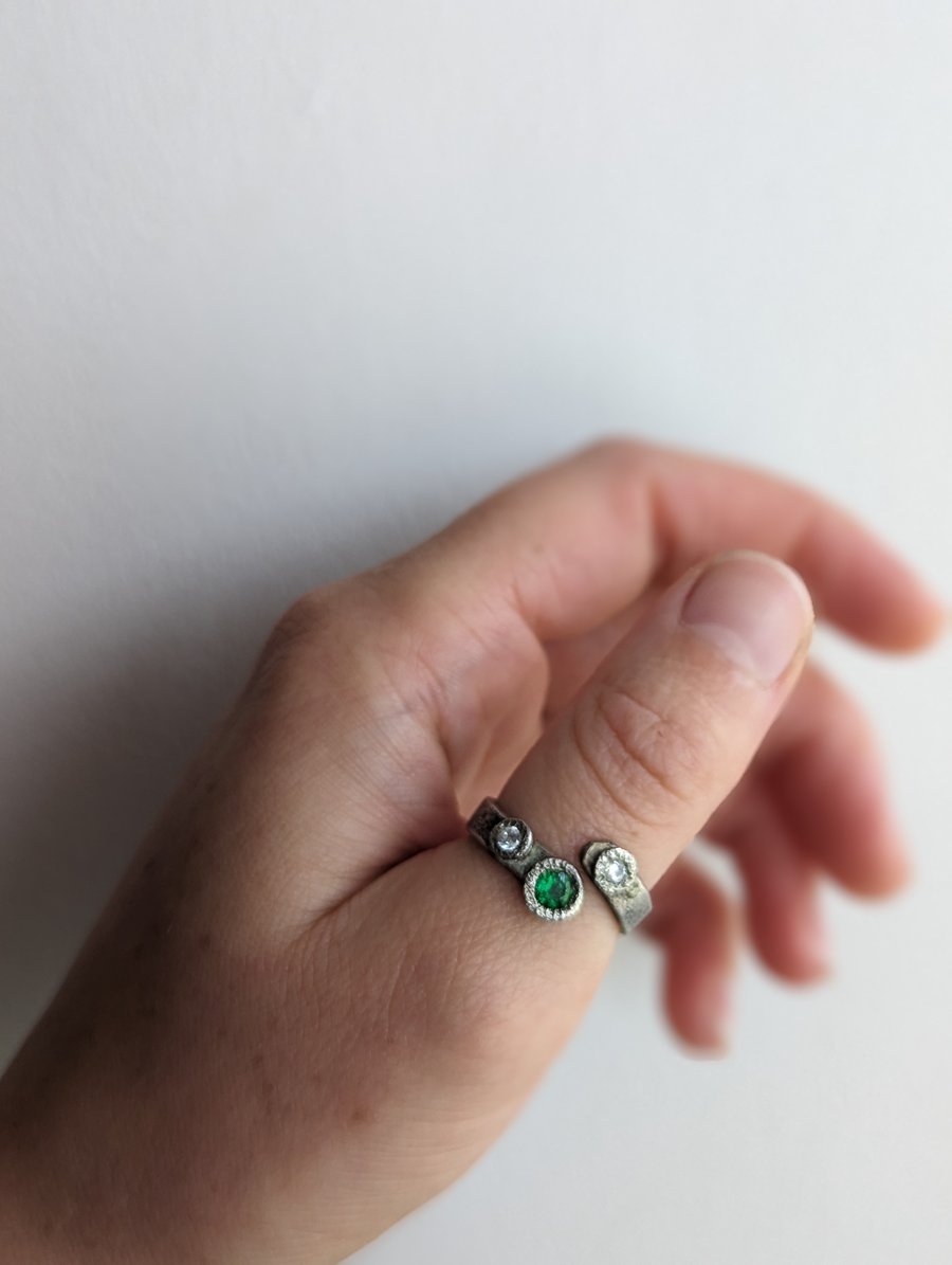 Textured Silver Ring with Green and Clear Glass Stones