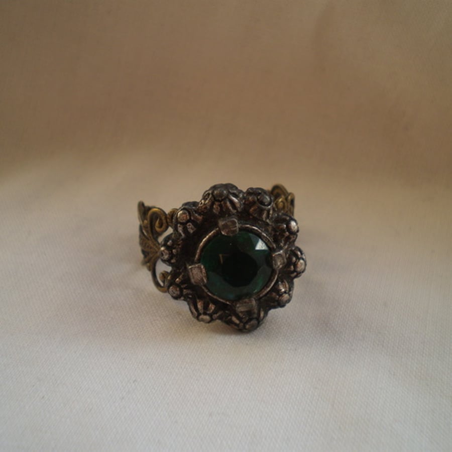 Steampunk Vintage Czech Green Glass Ring