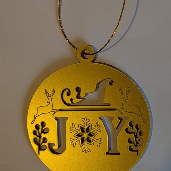 Gold Acrylic Christmas Tree Hanging Decoration. Joy