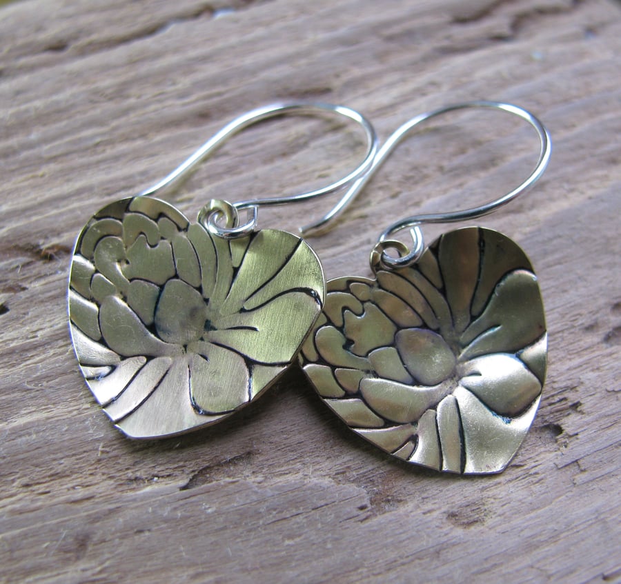 Brass patterned heart earrings with sterling silver hooks