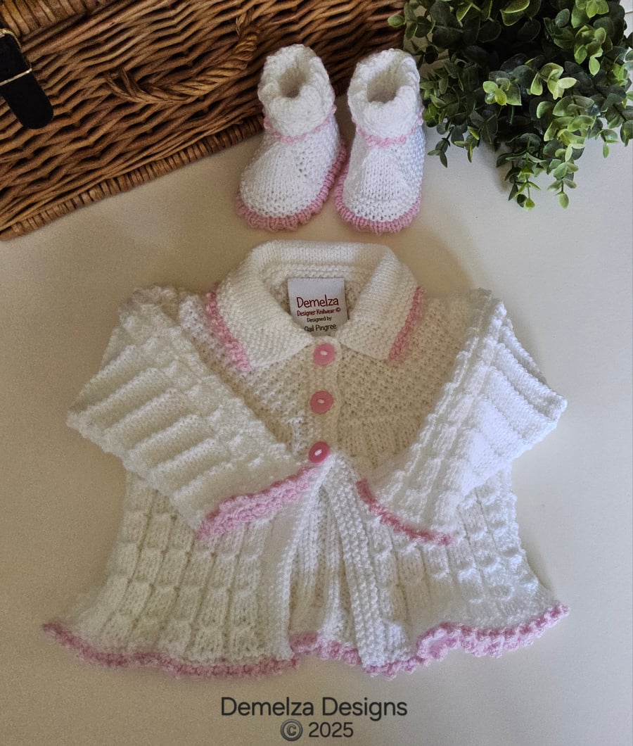Designer Hand Knitted  Girl's Cardigan & Booties Set 0-3 months size