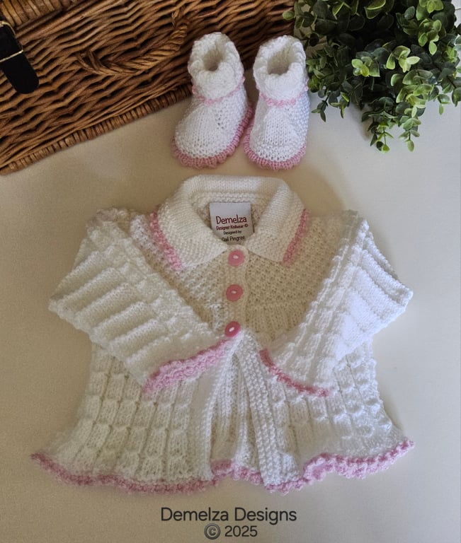 Designer Hand Knitted  Girl's Cardigan & Booties Set 0-3 months size