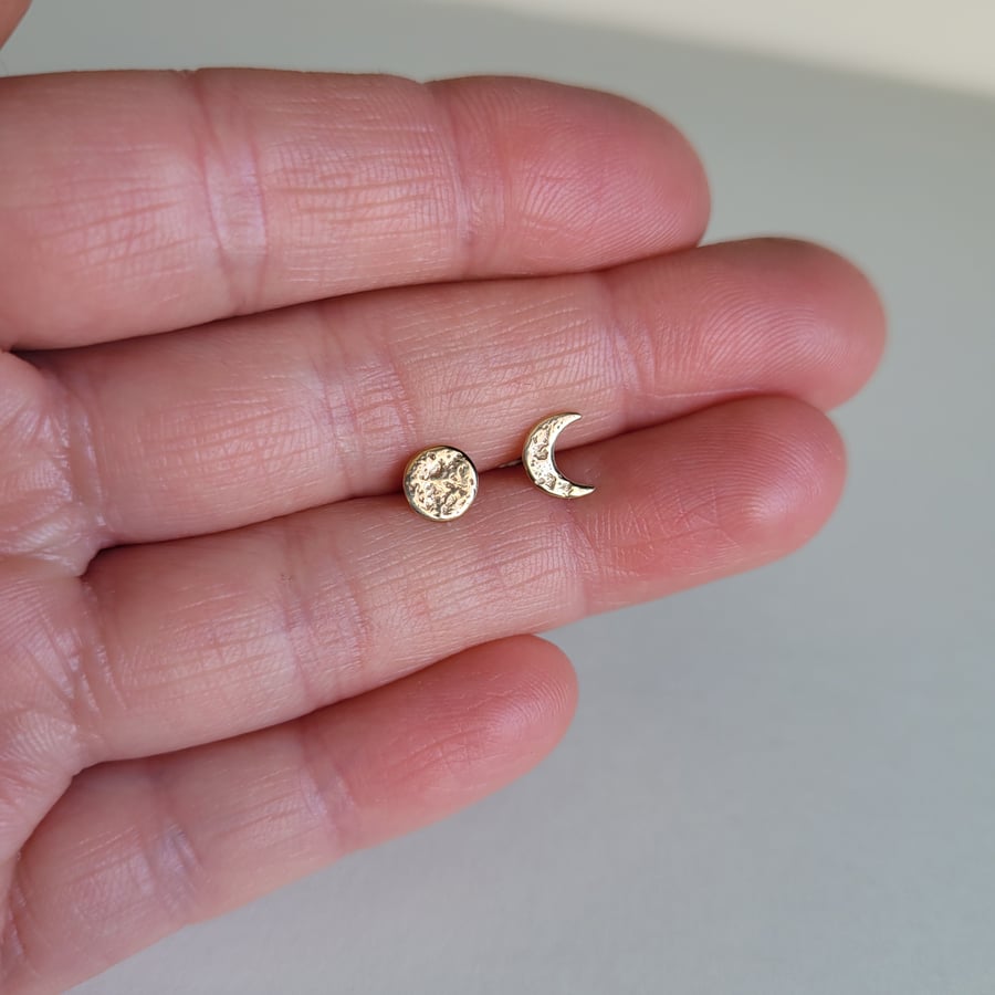 Gold Moon Stud Earrings, 9ct Yellow Gold Mismatched Studs