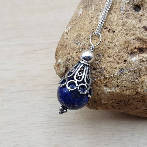 Lapis lazuli Pendant. Bali silver beads. September birthstone