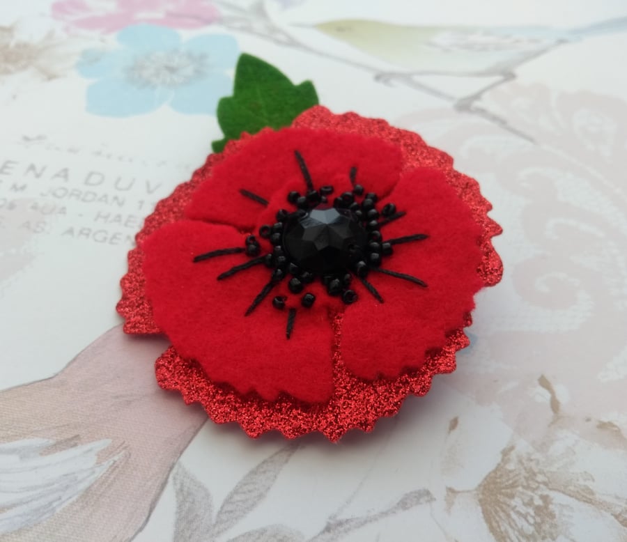 Poppy brooch, red poppy lapel pin, glitter poppies, ladies red floral badge