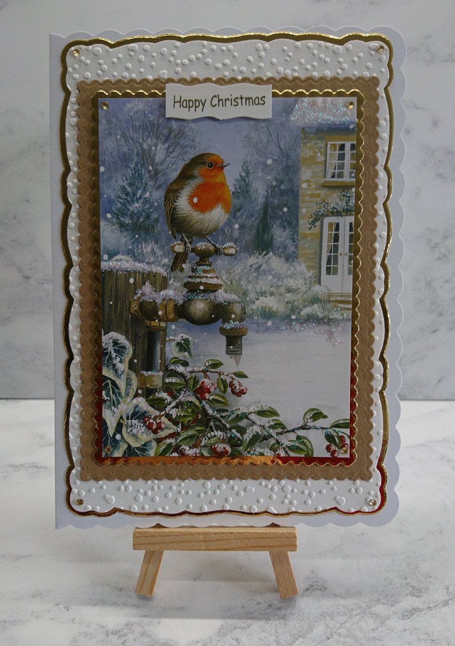 Christmas Card Happy Christmas Robin House Garden Tap 3D Luxury Handmade