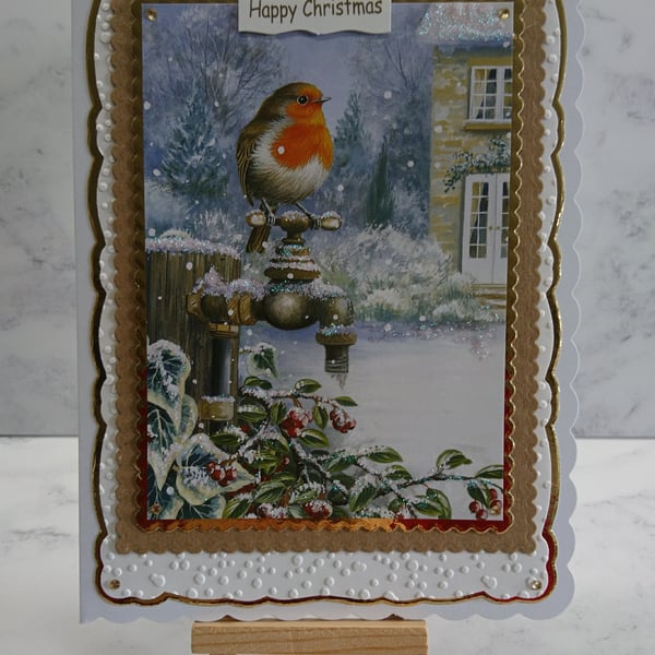 Christmas Card Happy Christmas Robin House Garden Tap 3D Luxury Handmade