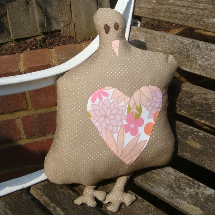 Unique, hand sewn Bird cushion with vintage fabric heart, up-cycled accessory
