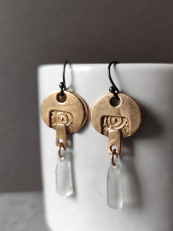 Oval bronze and seaglass drop earrings, recycled material