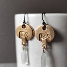 Oval bronze and seaglass drop earrings, recycled material