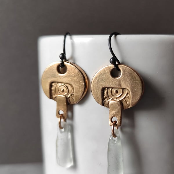 Oval bronze and seaglass drop earrings, recycled material