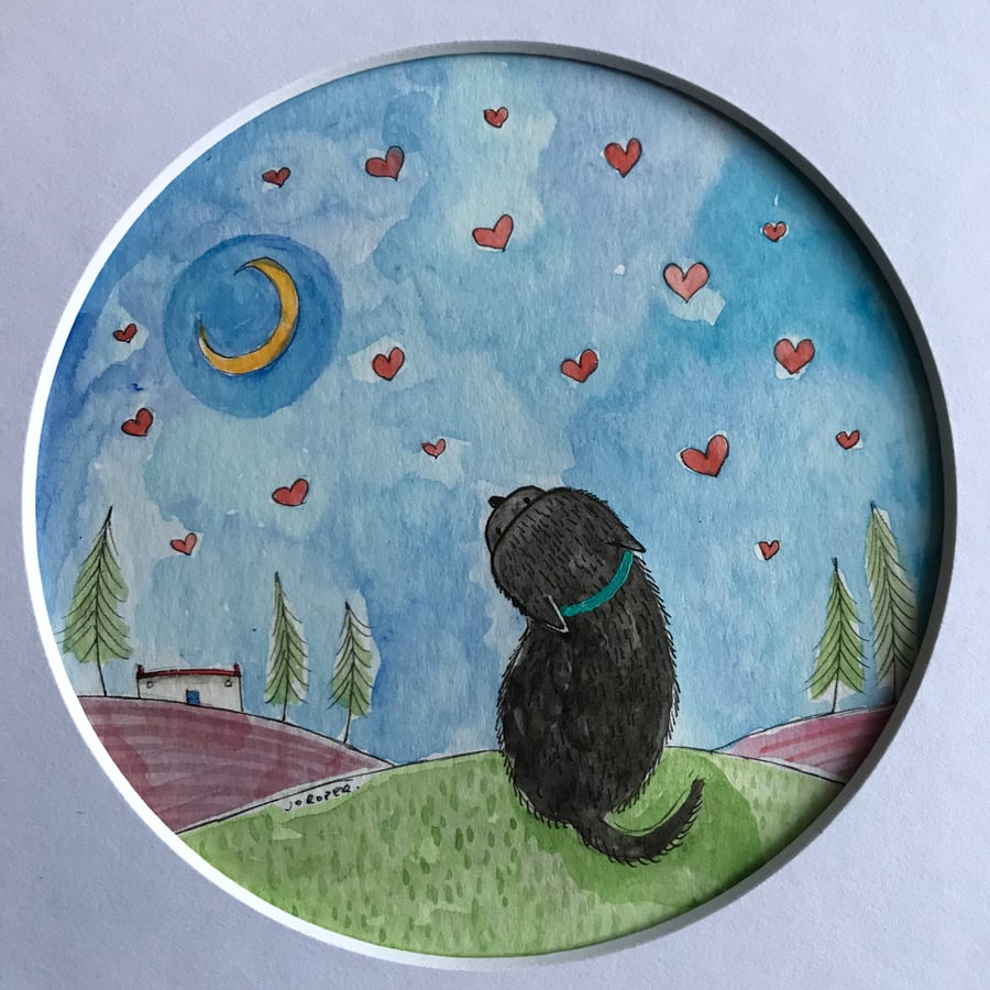 Original Painting Black Puppy Dog Valentines watercolour by Jo Roper