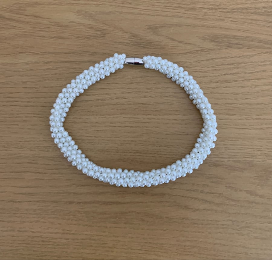 Handmade Woven White Pearl Choker Necklace