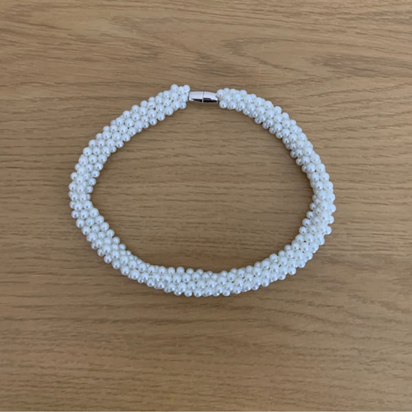 Handmade Woven White Pearl Choker Necklace
