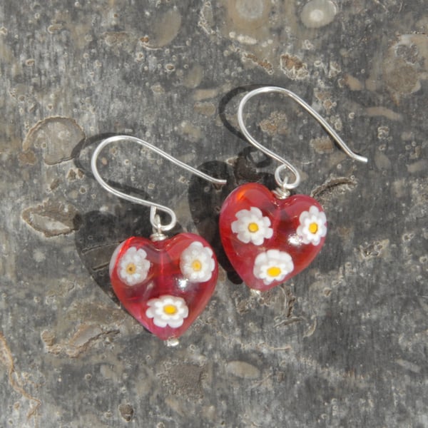 Sterling silver and Murano glass earrings - pink hearts with flowers