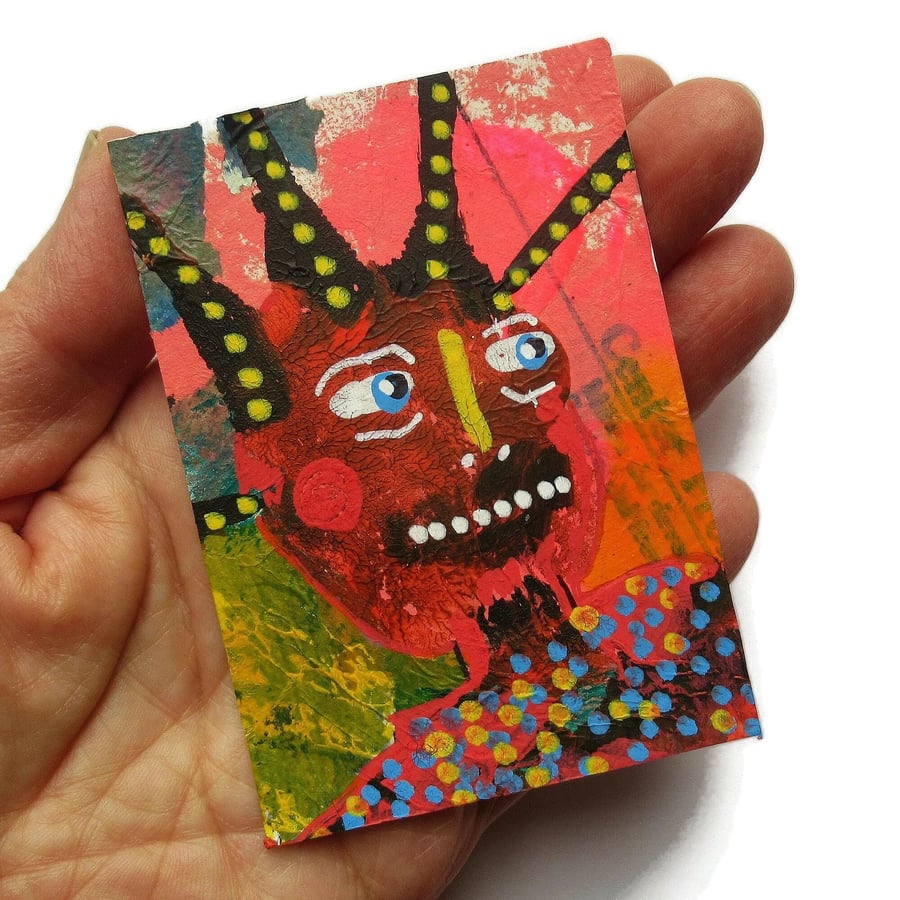 Outsider Art Monster ACEO Tiny Painting Creepy Weird Spooky Scary Miniature Art