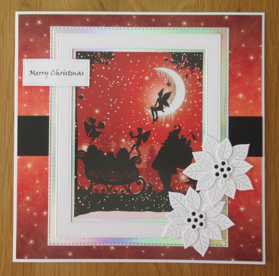 8x8 Santa & Sleigh Silhouette Christmas Card - Red