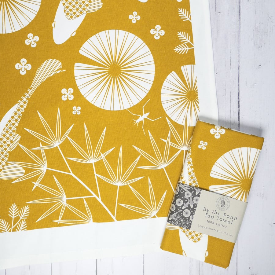 Tea Towel Mustard Yellow Screen Printed Pond Dragonfly Fish Design Wall Art Hang