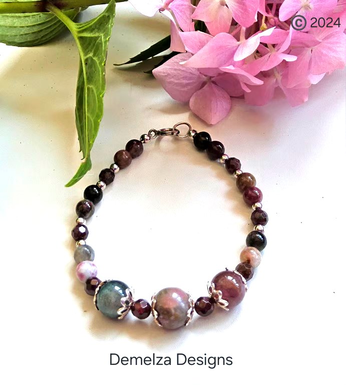 Tourmaline & Indian Red Garnet Sterling Silver Bracelet (small size)