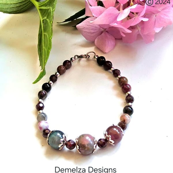 Tourmaline & Indian Red Garnet Sterling Silver Bracelet (small size)