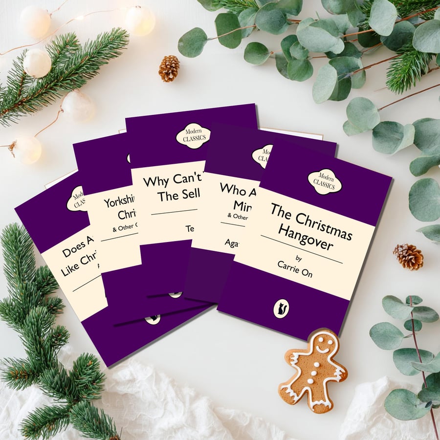 Pack of 5 Funny Christmas Cards - Penguin Style Books - Quirky Festive Cards